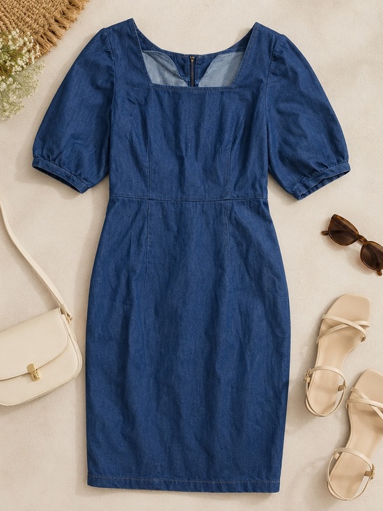 Dresses & Skirts - Women’s Denim Puff Sleeve Bodycon Dress Size Medium